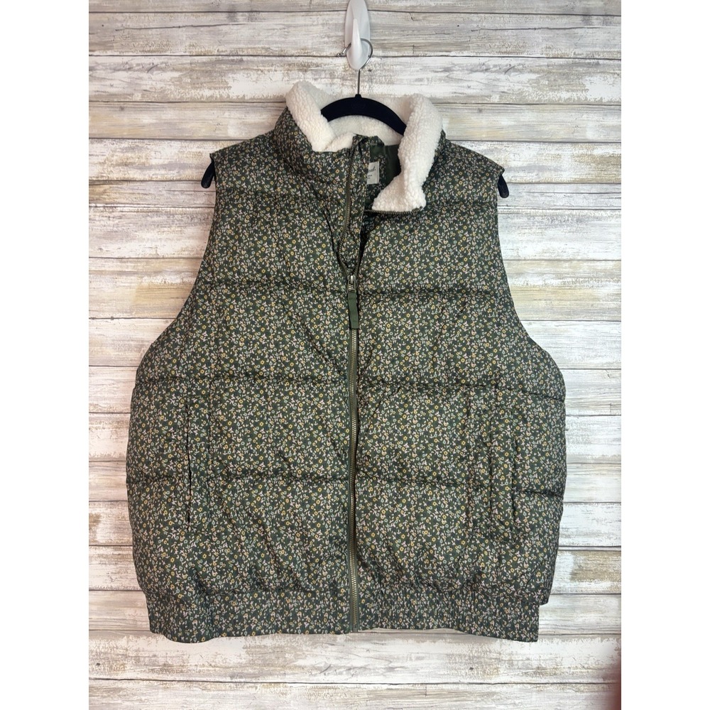 Universal Thread Puffer Vest Size XL Green Floral Sherpa Collar Full Zip Winter